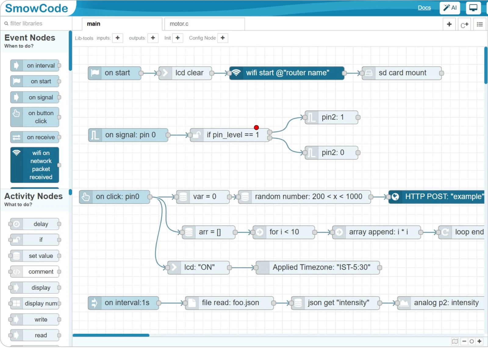 SmowCode flow editor with connected event and activity nodes, from the PLC brochure