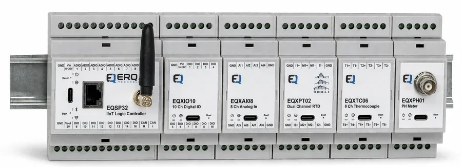 Example modular controller with five I/O expansion modules on a DIN rail