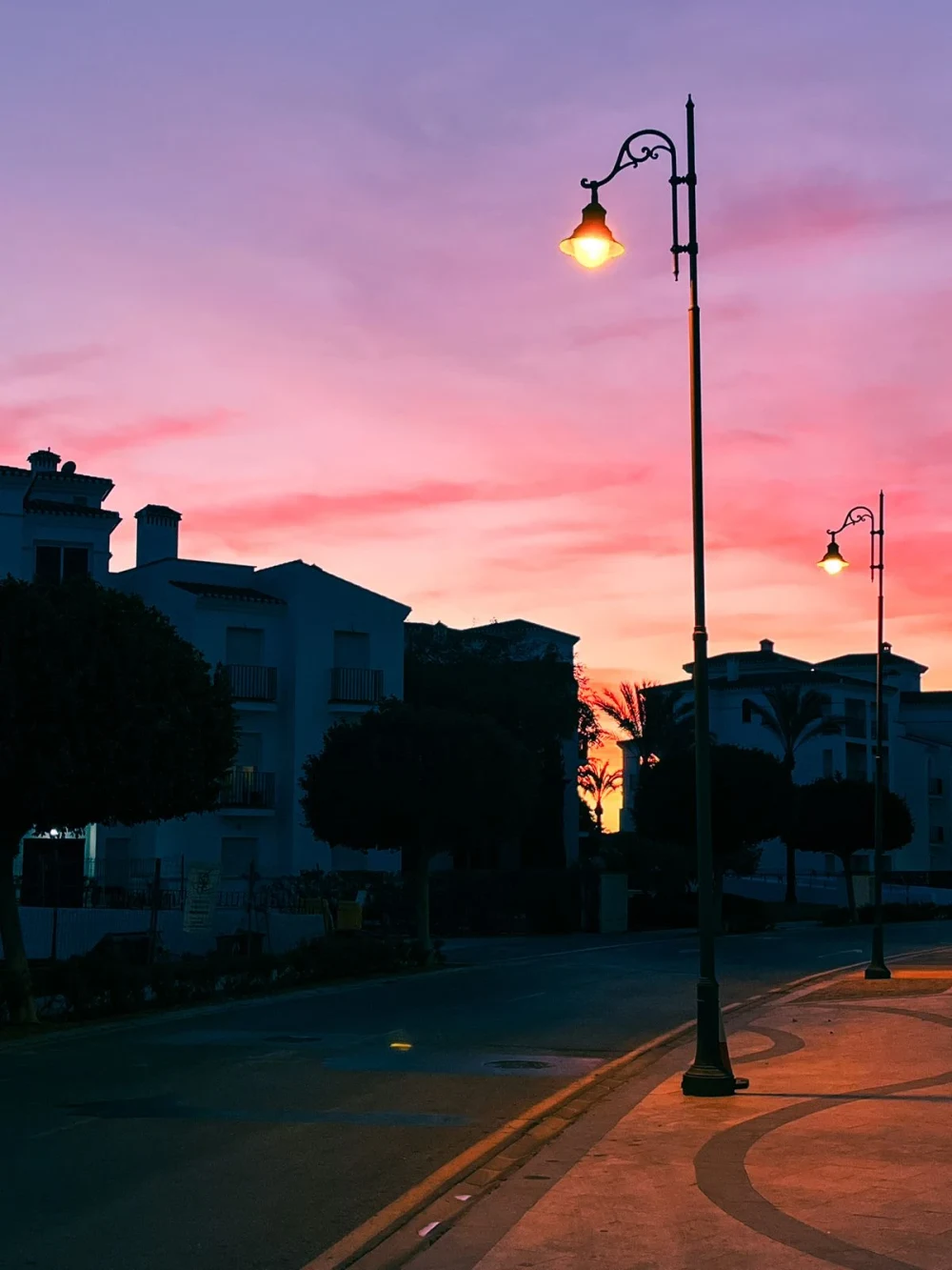 Street lights illuminated against a dusk sky
